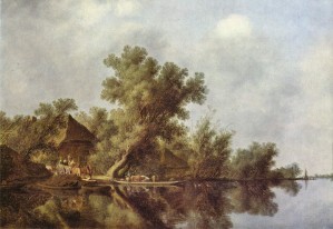 River landscape with house and figures